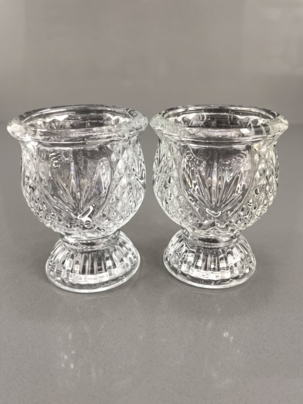 VTG Pressed Glass Candle Holders Votive Cups Clear Crystal Pedestal - Fostoria